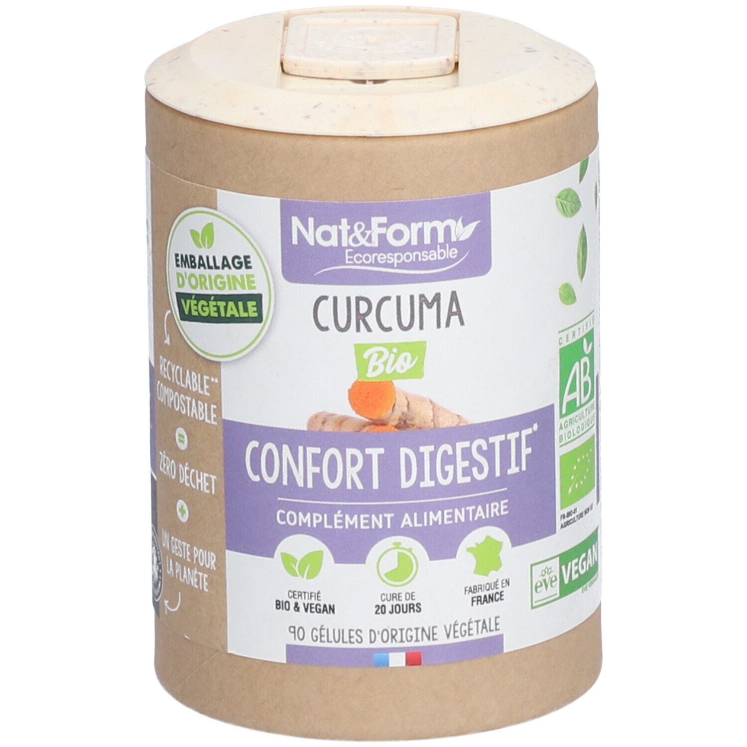 Boîte cylindrique Curcuma Bio. Vegan, certification AB. Inscription: Confort Digestif, 90 gélules.