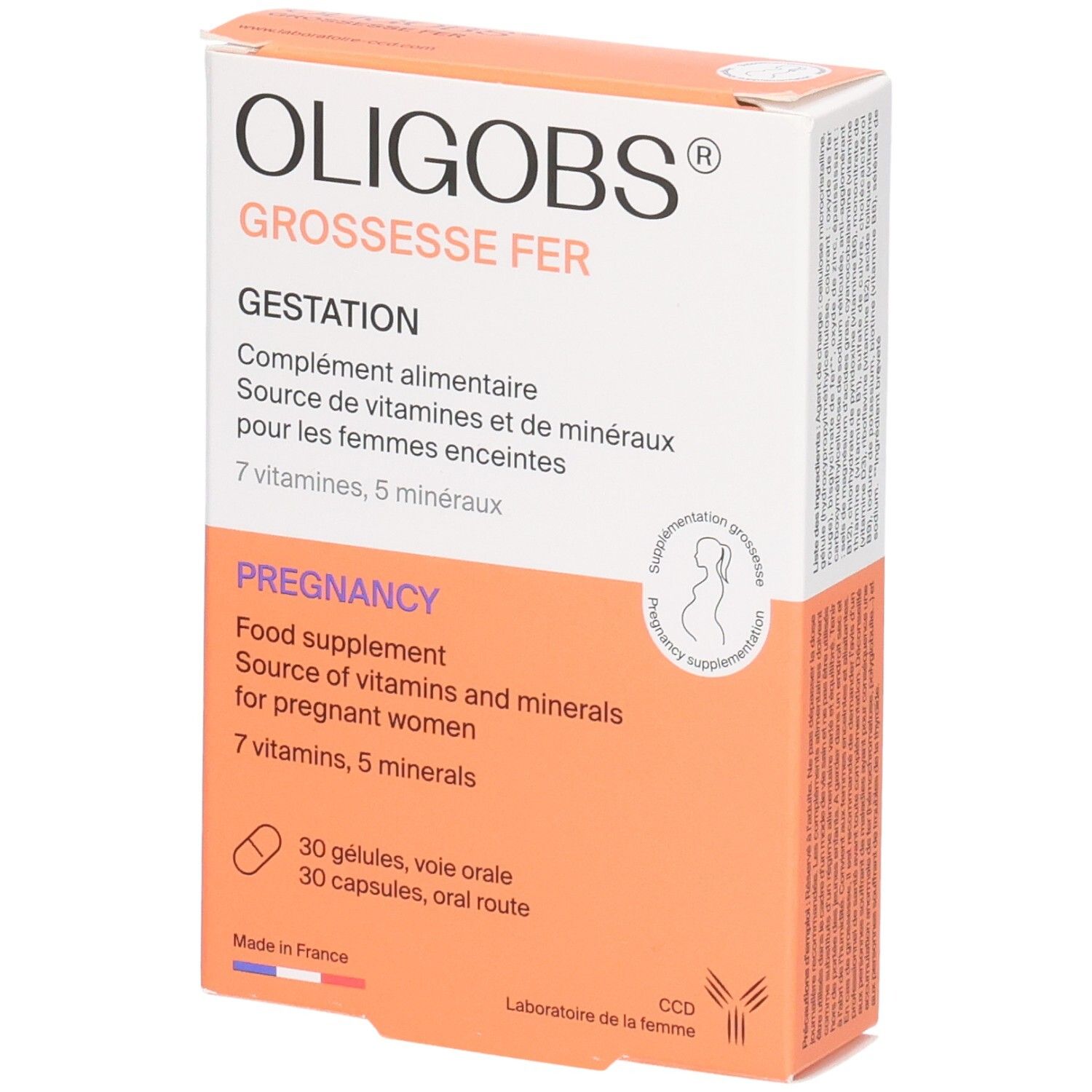 Boîte d'OLIGOBS GROSSESSE FER, complément alimentaire pour femmes enceintes.