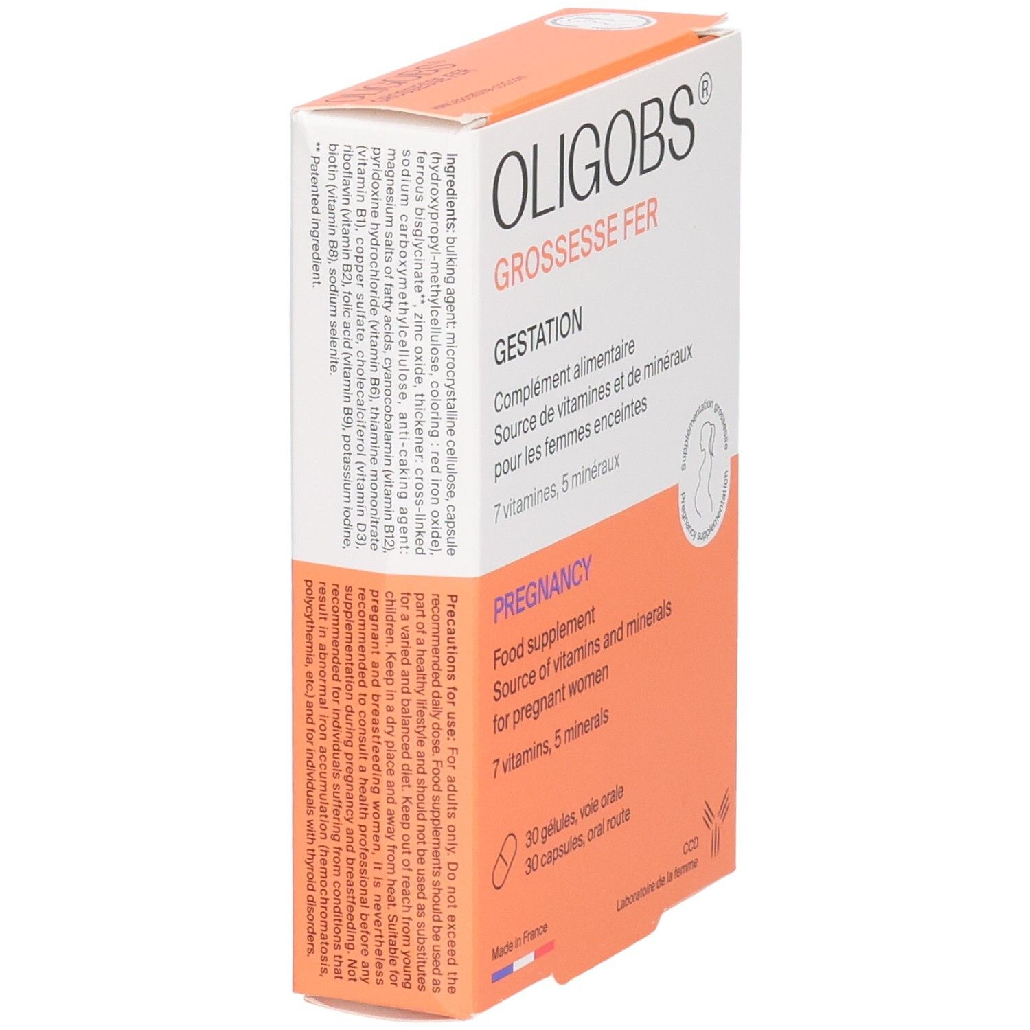 Arrière de la boîte OLIGOBS GROSSESSE FER avec liste des ingrédients et instructions.