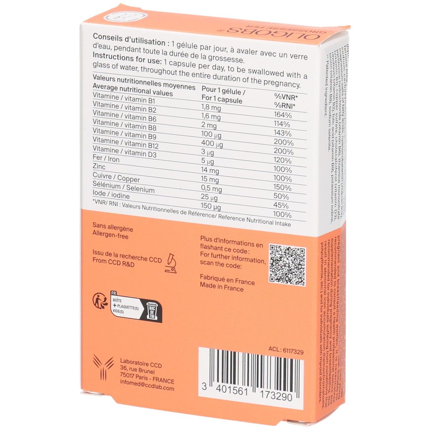 Vue latérale de la boîte OLIGOBS GROSSESSE FER avec tableau nutritionnel.