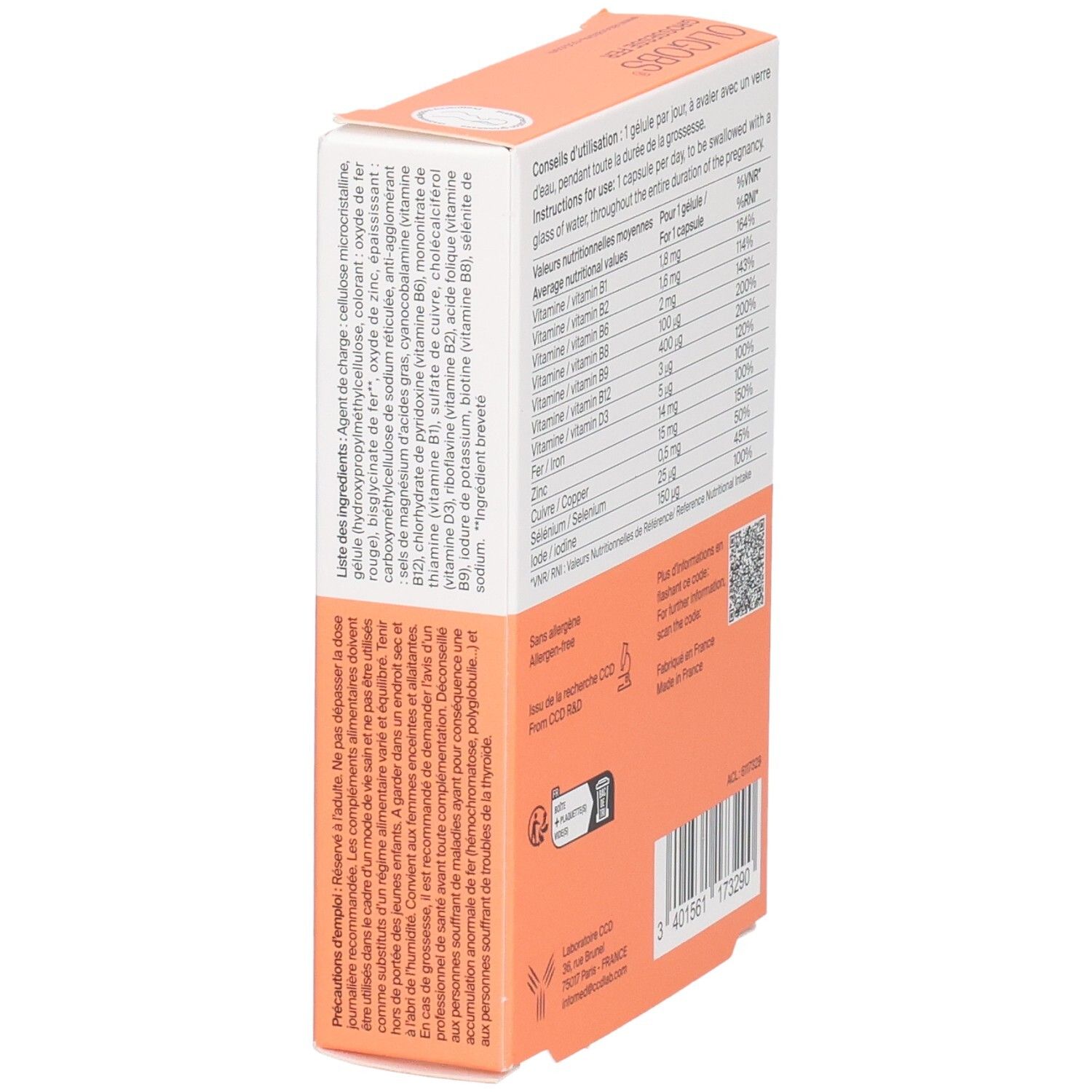 Vue latérale de la boîte OLIGOBS GROSSESSE FER avec liste des ingrédients et précautions.