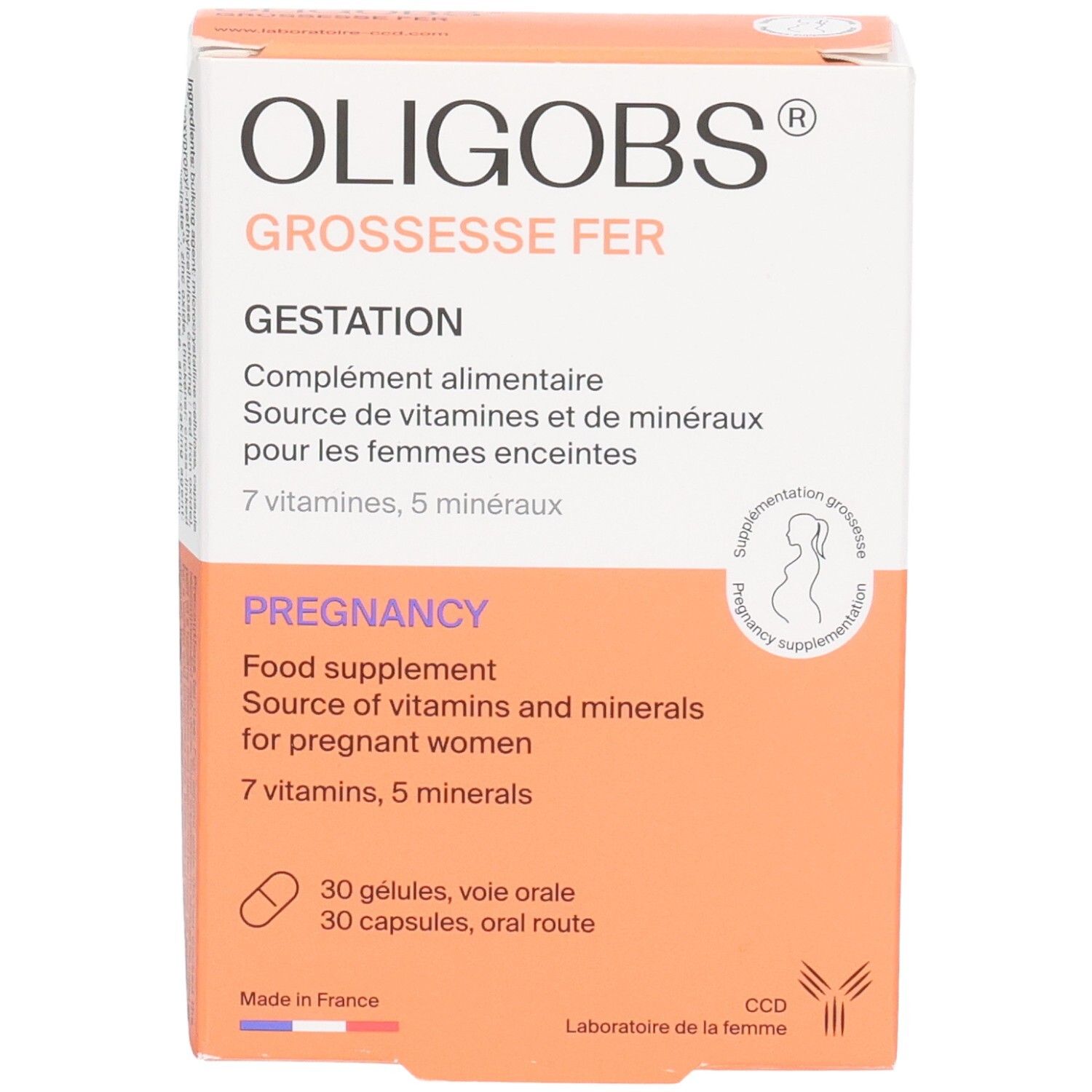 Face avant de la boîte OLIGOBS GROSSESSE FER, complément alimentaire pour femmes enceintes.
