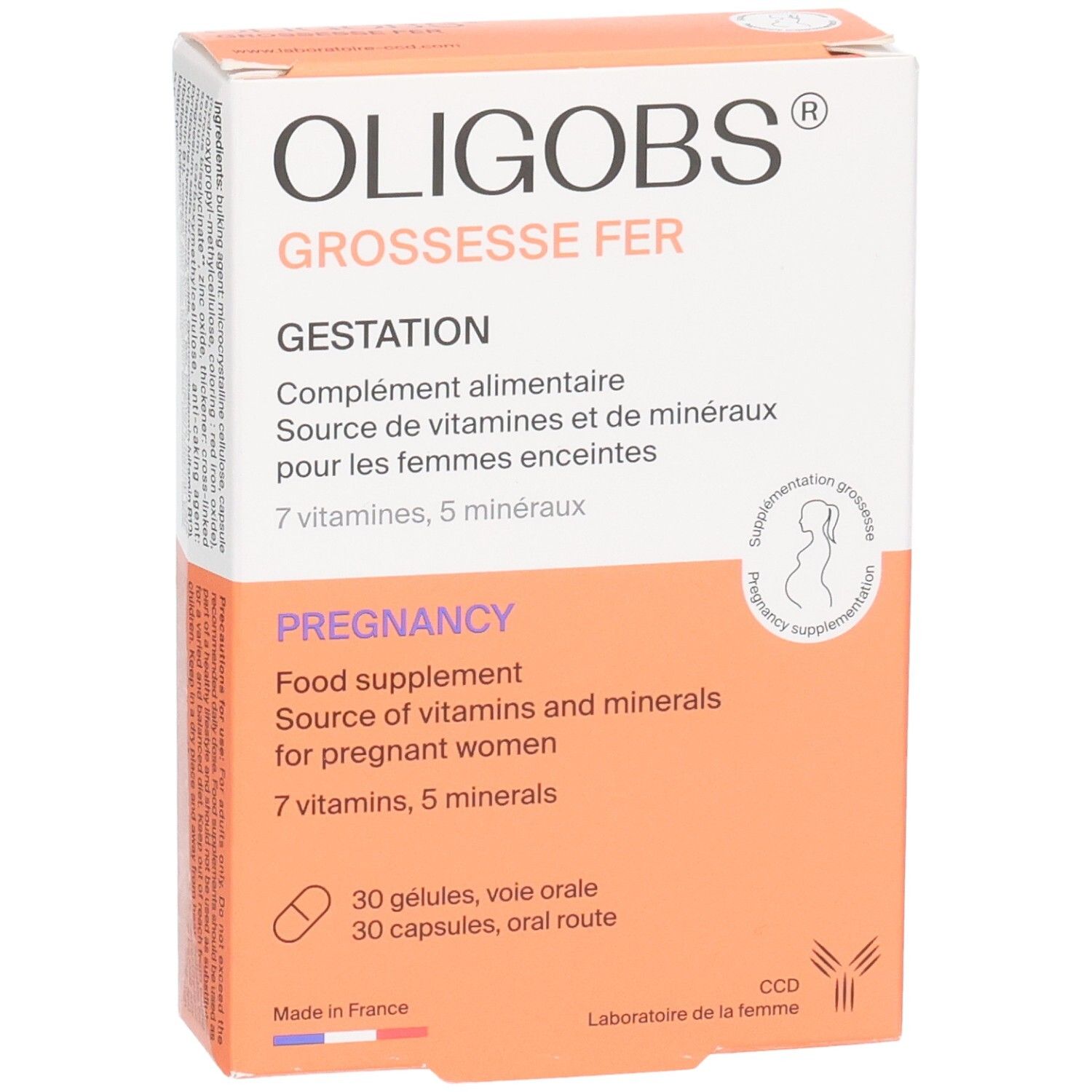 Face avant de la boîte OLIGOBS GROSSESSE FER, complément alimentaire pour femmes enceintes.