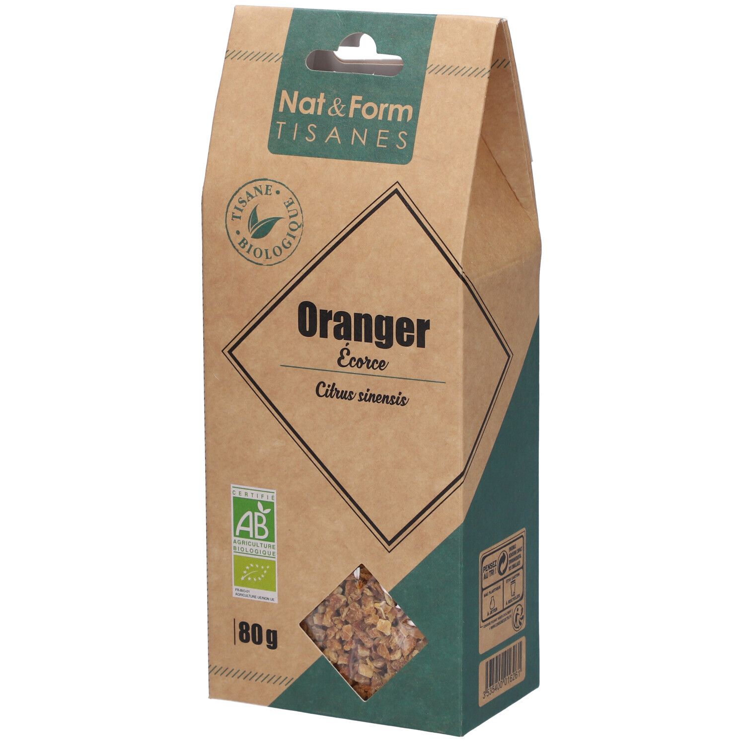 Emballage marron avec accent vert. Inscription: Oranger Ecorce, label AB bio, 80g. Produit visible à travers une fenêtre.