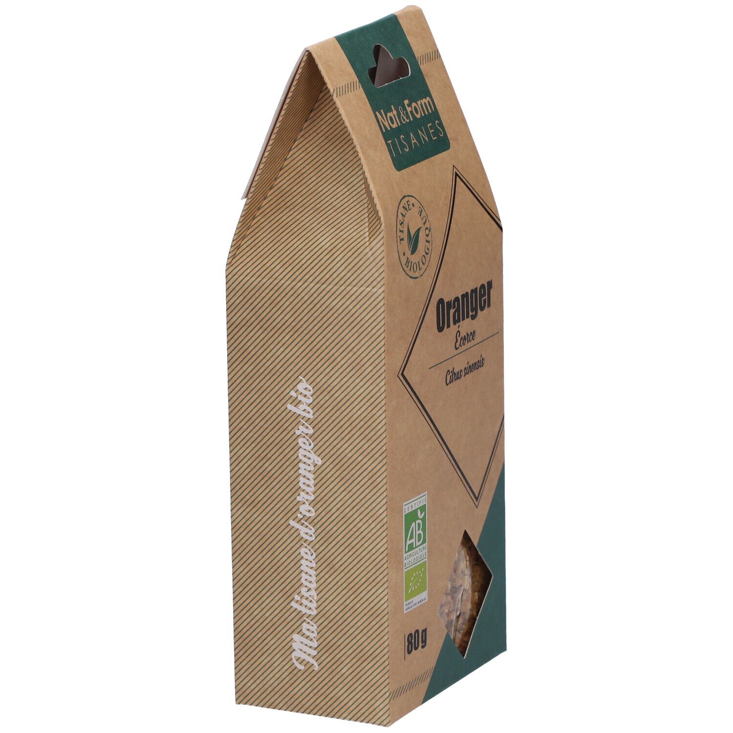 Emballage marron avec accent vert. Inscription: Ma tisane d'oranger bio. Produit visible à travers une fenêtre.