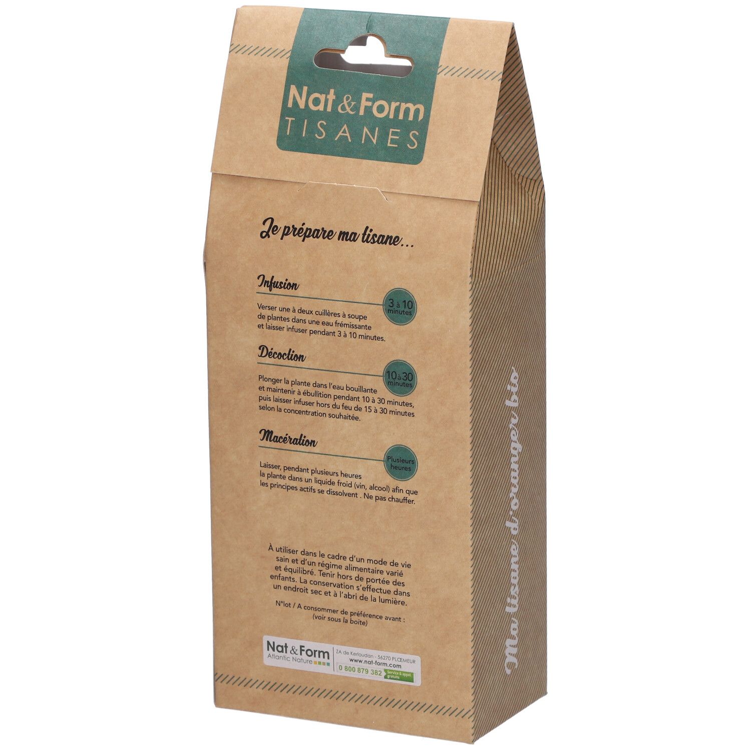 Dos de l'emballage marron. Texte: Je prépare ma tisane... Infusion, Décoction, Macération. Ma tisane d'oranger bio.