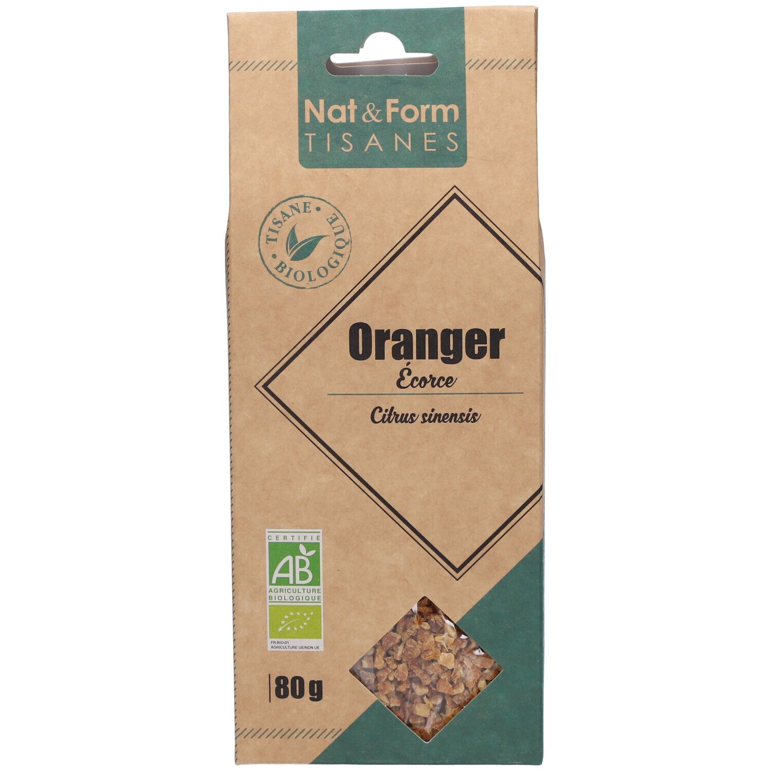 Emballage marron avec accent vert. Inscription: Oranger Ecorce, label AB bio, 80g. Produit visible à travers une fenêtre.