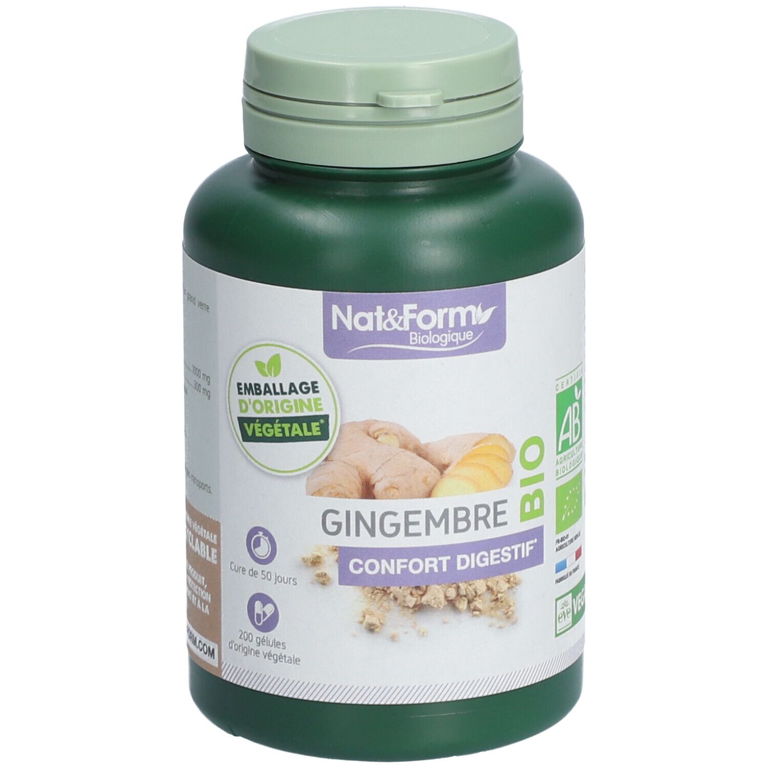Flacon vert de gélules. Inscriptions: Nat&Form, Gingembre, Confort Digestif, Bio. Avec label bio et logo vegan.