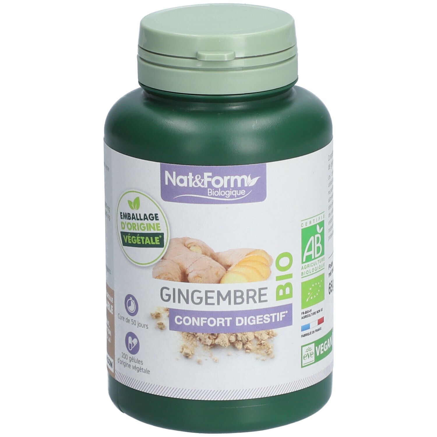 Flacon vert de gélules. Inscriptions: Nat&Form, Gingembre, Confort Digestif, Bio. Avec label bio, logo vegan et poids.