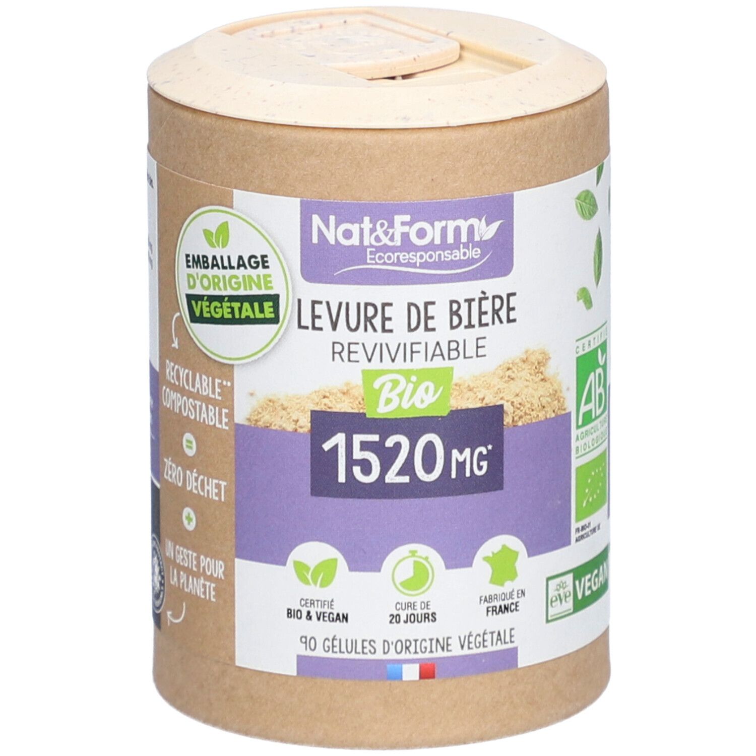 Boîte cylindrique avec couvercle. Étiquette avec nom du produit, label bio et informations. Certification vegan.