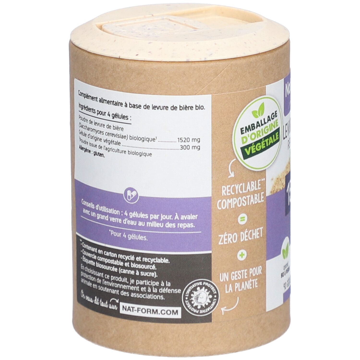 Dos de la boîte. Liste des ingrédients, conseils d'utilisation et informations sur l'emballage. Recyclable et compostable.