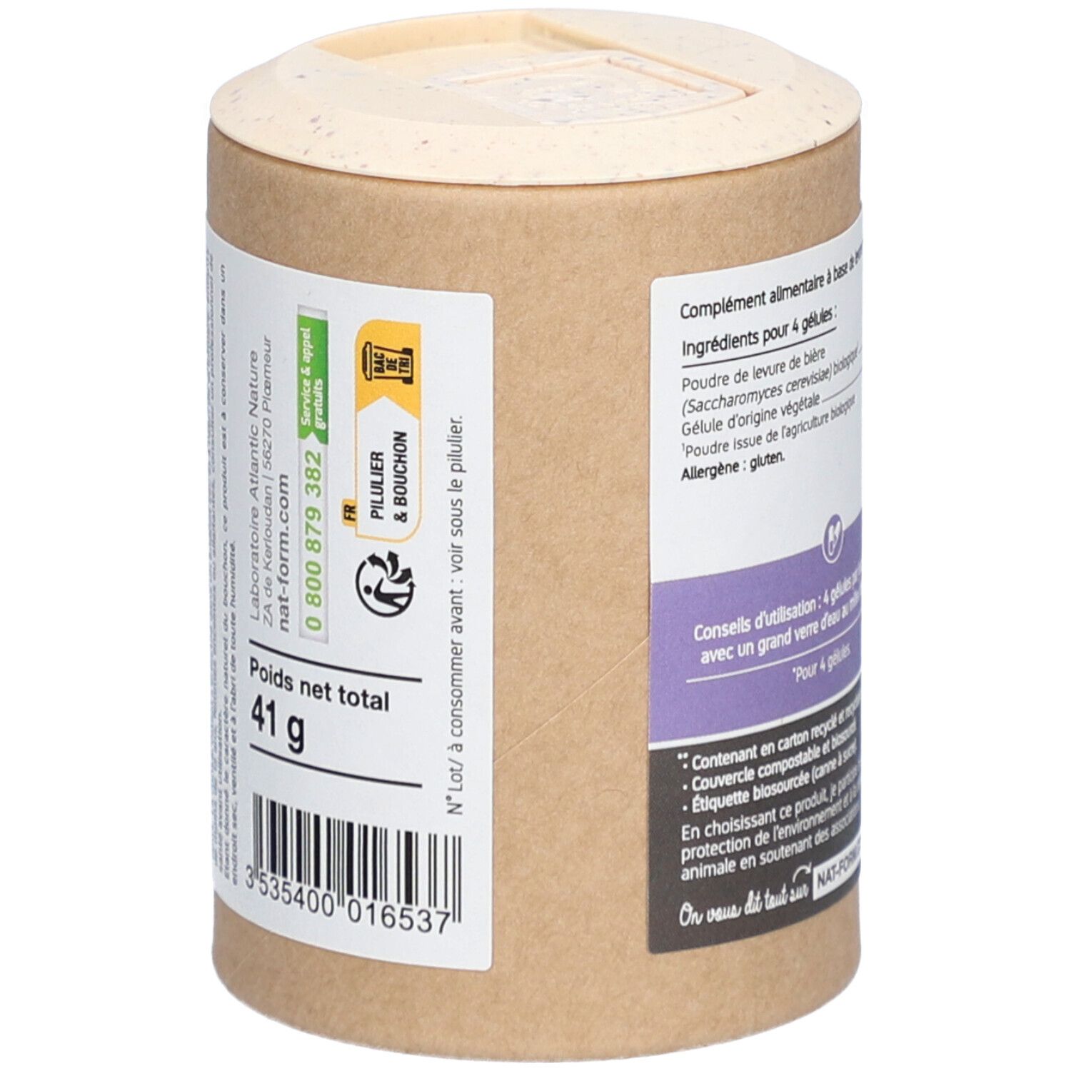 Vue latérale de la boîte. Informations sur le poids et le fabricant. Emballage recyclable, concept zéro déchet.