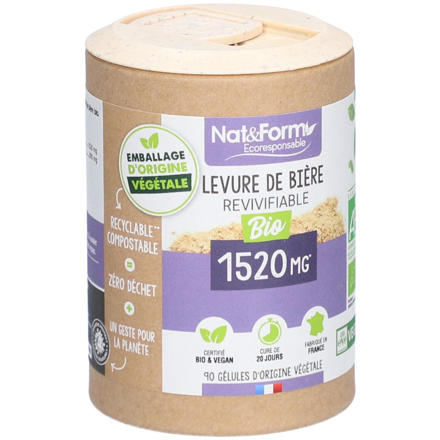 Boîte cylindrique avec couvercle. Nom du produit, label bio et informations. Certification vegan et origine.