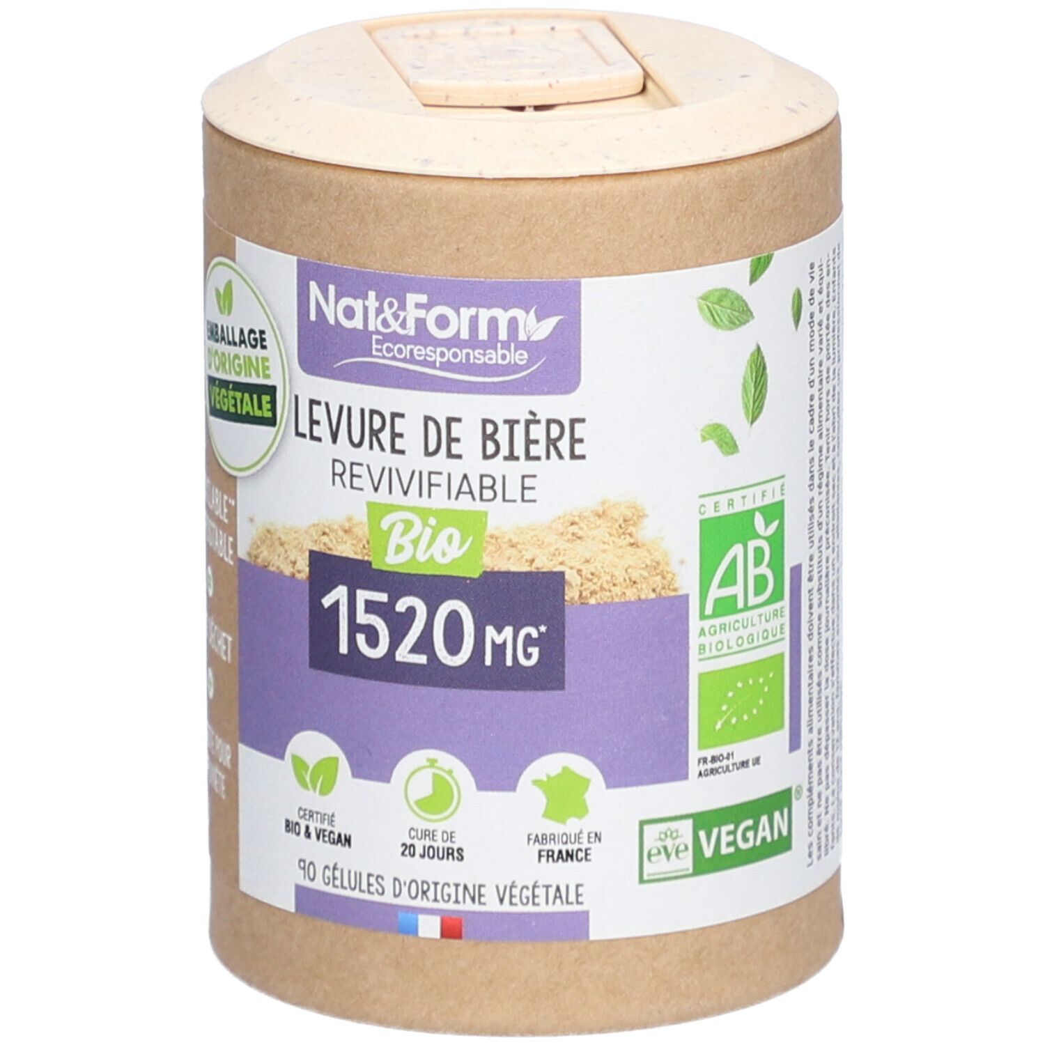 Boîte cylindrique avec couvercle. Nom du produit, label bio et informations. Certification vegan et origine.