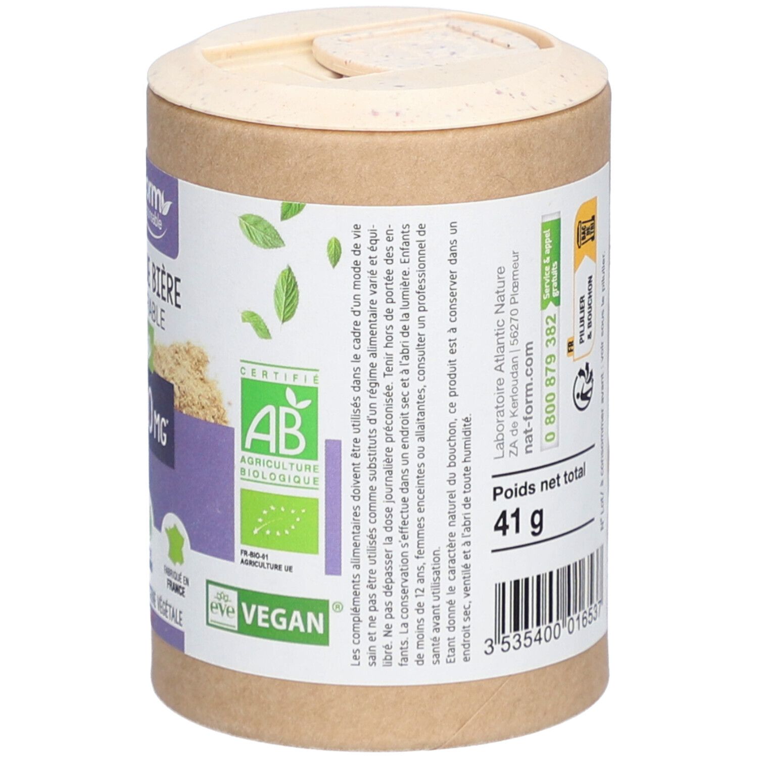 Boîte cylindrique avec couvercle. Nom du produit, label bio et informations. Certification vegan et origine.