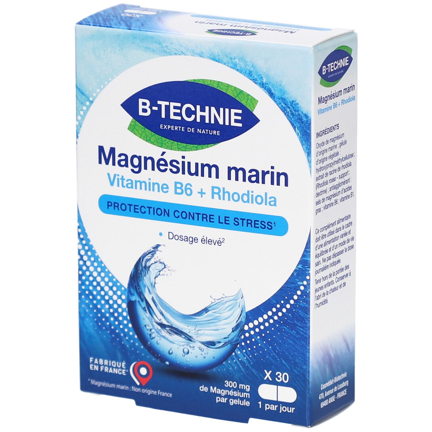 Boîte de B-TECHNIE Magnésium marin, Vitamine B6 + Rhodiola. Emballage bleu avec informations et logo.