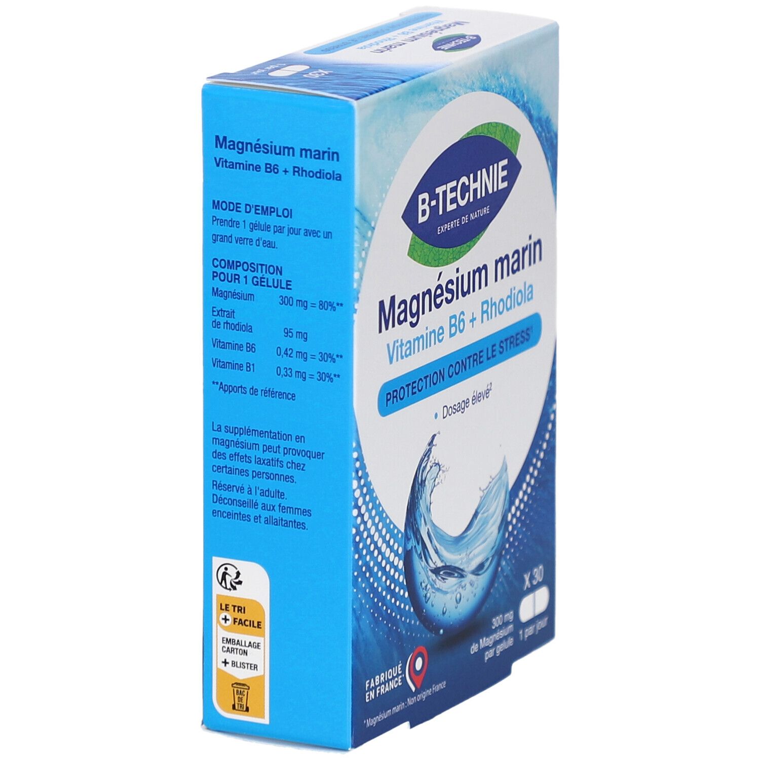 Vue latérale de la boîte B-TECHNIE Magnésium marin. Contient des informations d'utilisation et de composition.