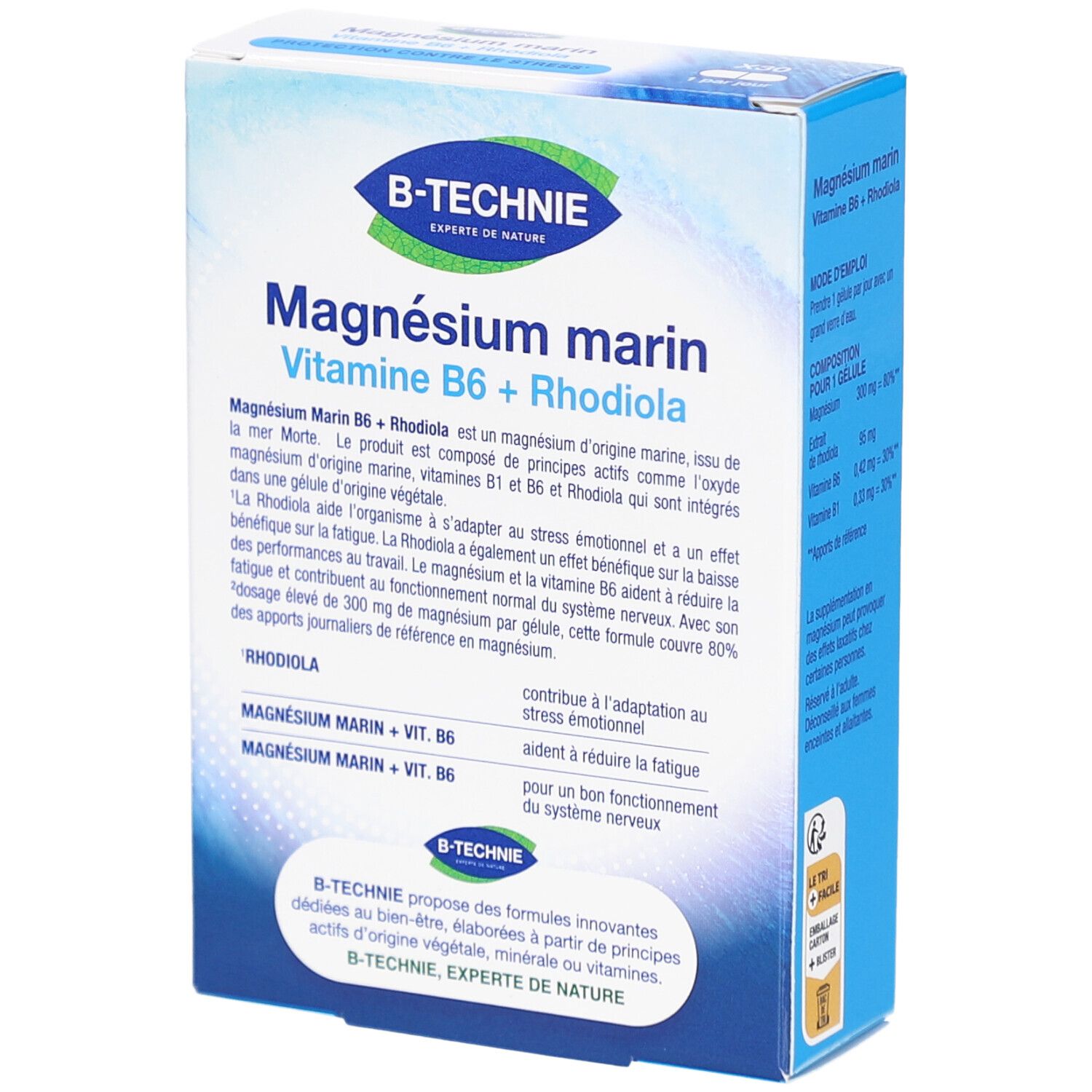 Dos de la boîte B-TECHNIE Magnésium marin. Texte sur les ingrédients et les bienfaits du produit.