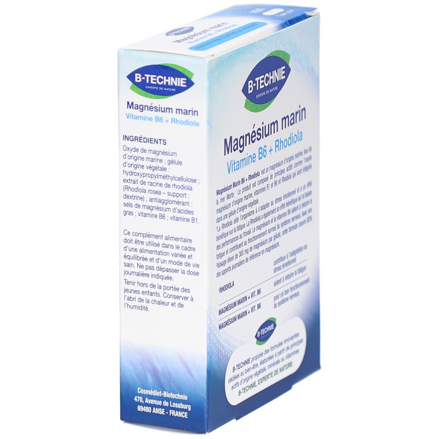 Vue latérale de la boîte B-TECHNIE Magnésium marin. Contient des informations sur les ingrédients et l'utilisation.