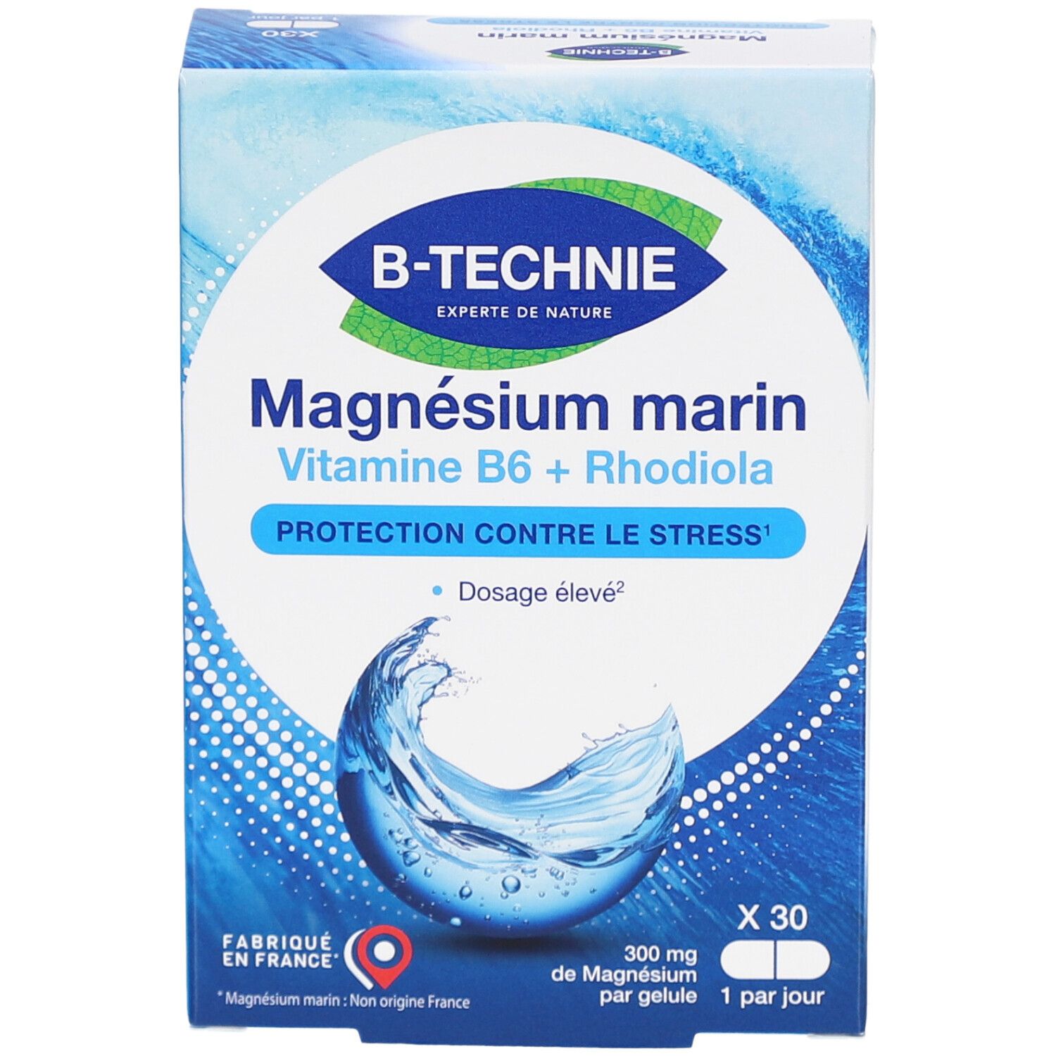 Vue de face de la boîte B-TECHNIE Magnésium marin. Emballage bleu avec nom du produit et logo.