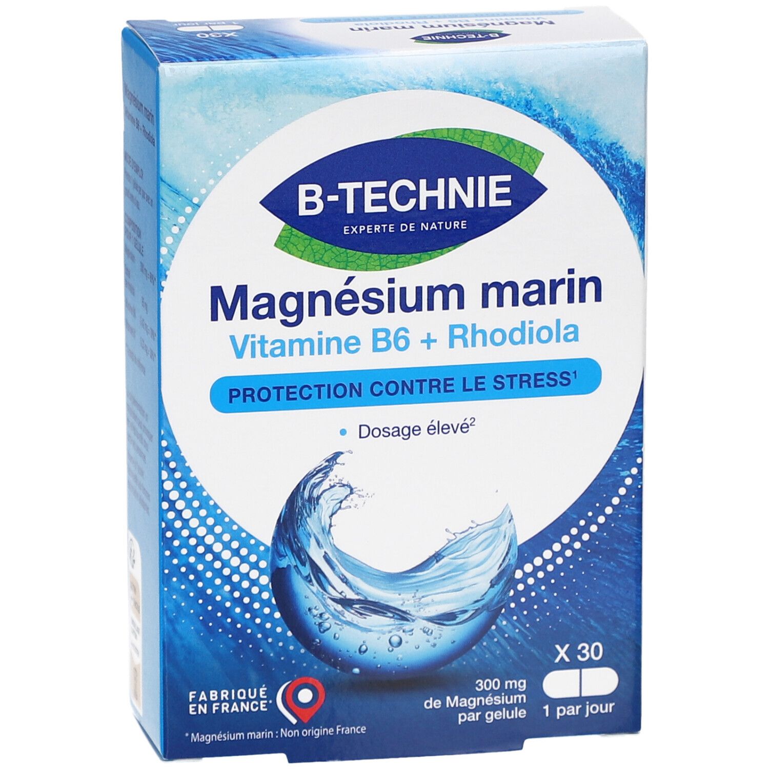 Vue de face de la boîte B-TECHNIE Magnésium marin. Emballage bleu avec nom du produit et logo.