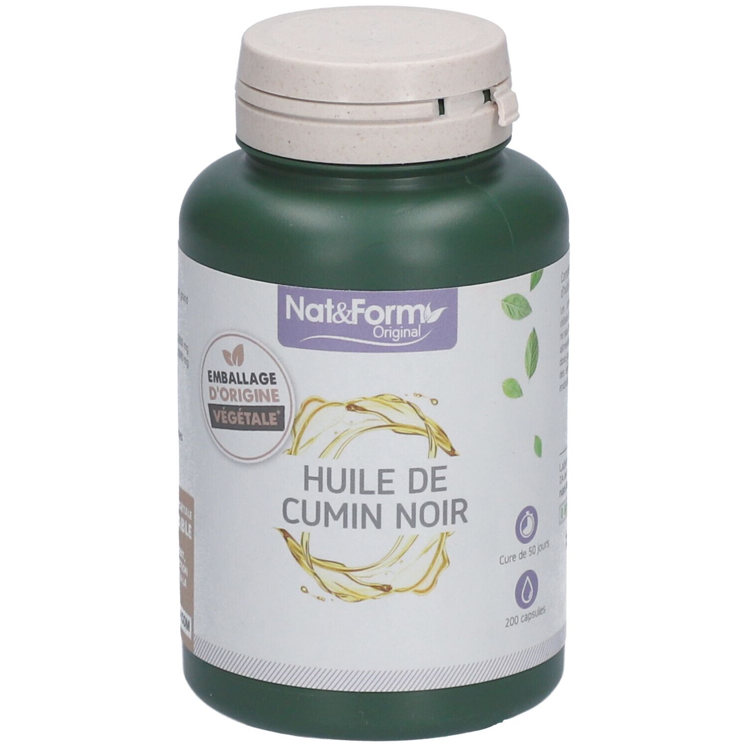 Flacon vert avec bouchon blanc. Inscription: Huile de Cumin Noir. Marque: Nat&Form. 200 capsules. Emballage d'origine végétale.