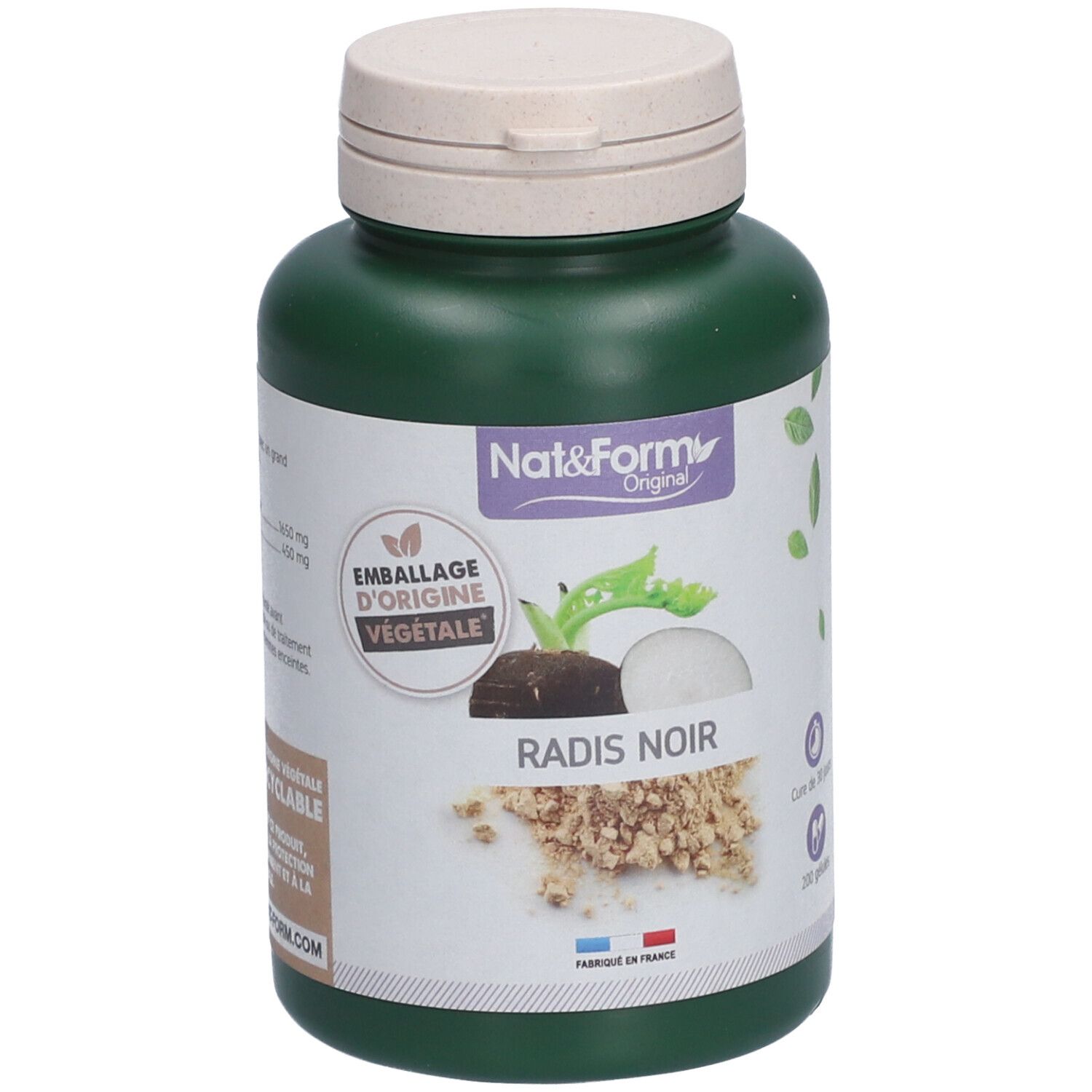 Flacon vert avec bouchon blanc. Inscription: Nat&Form RADIS NOIR. Illustration de radis. 200 gélules.
