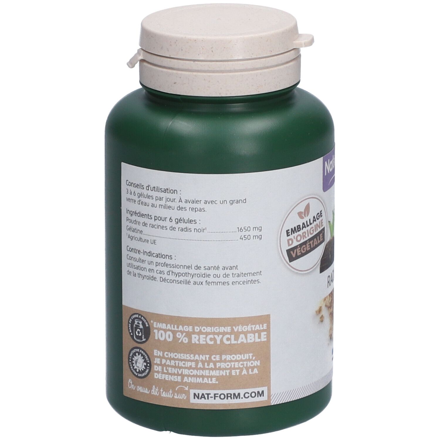 Dos du flacon vert. Texte: ingrédients, mode d'emploi, avertissements. 100% recyclable.