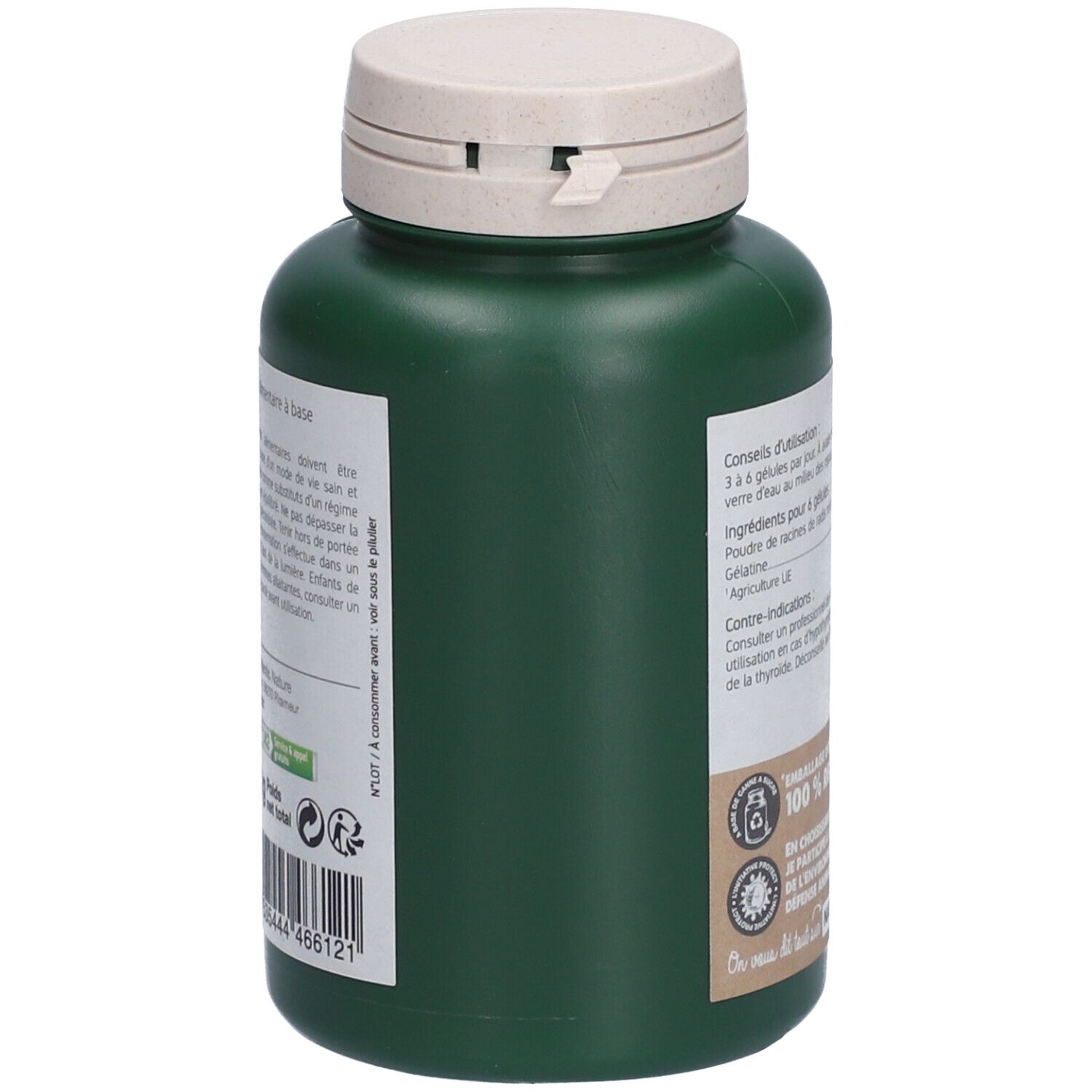 Flacon vert avec bouchon blanc. Inscriptions et texte. 100% recyclable. Informations fabricant.