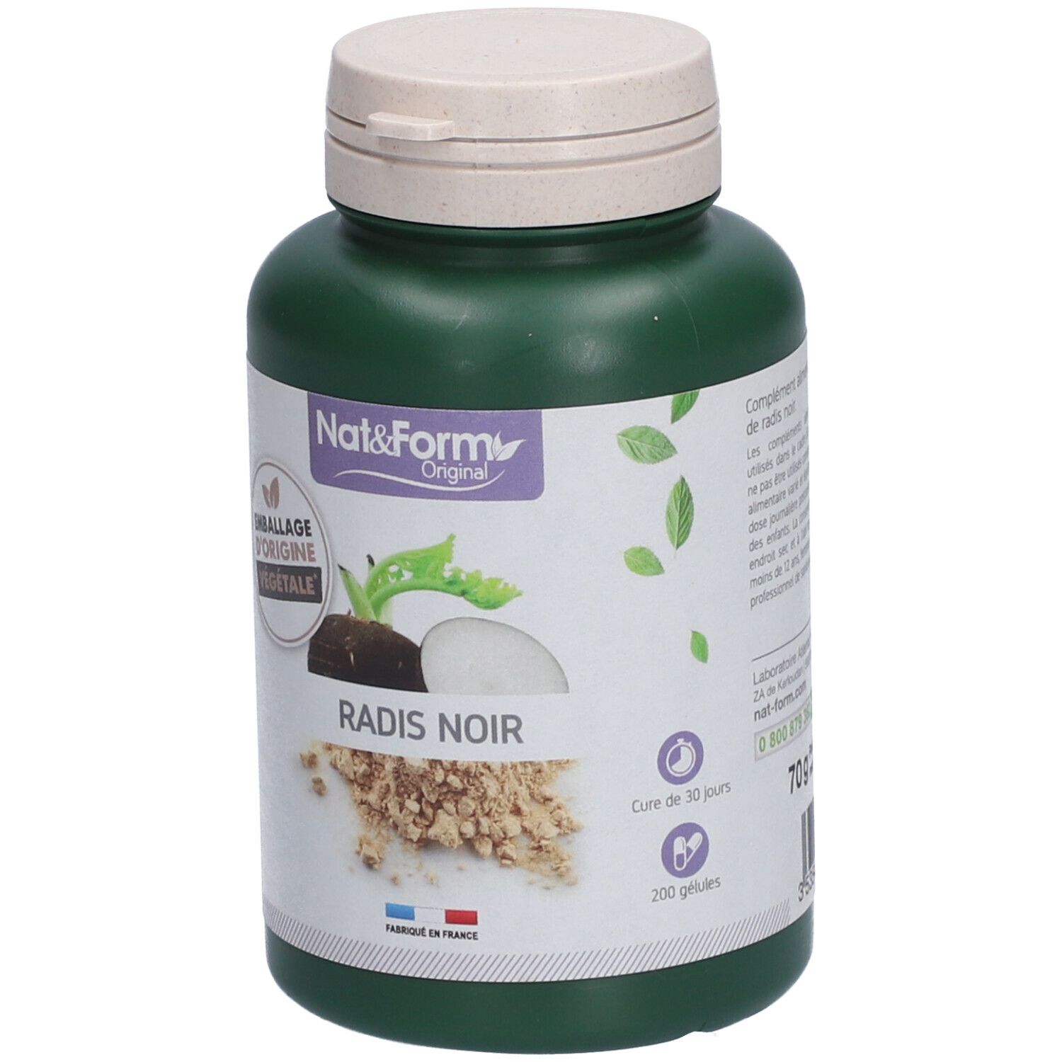Flacon vert avec bouchon blanc. Inscription: Nat&Form RADIS NOIR. 200 gélules. Cure de 30 jours.