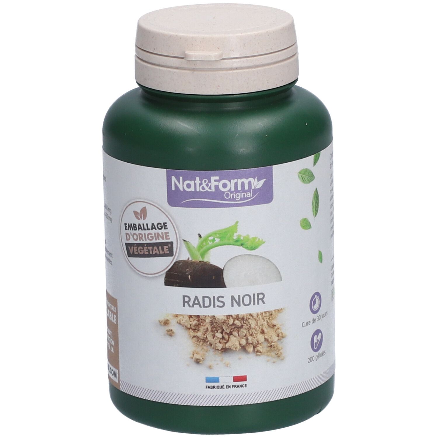 Flacon vert avec bouchon blanc. Inscription: Nat&Form RADIS NOIR. Illustration de radis. 200 gélules.