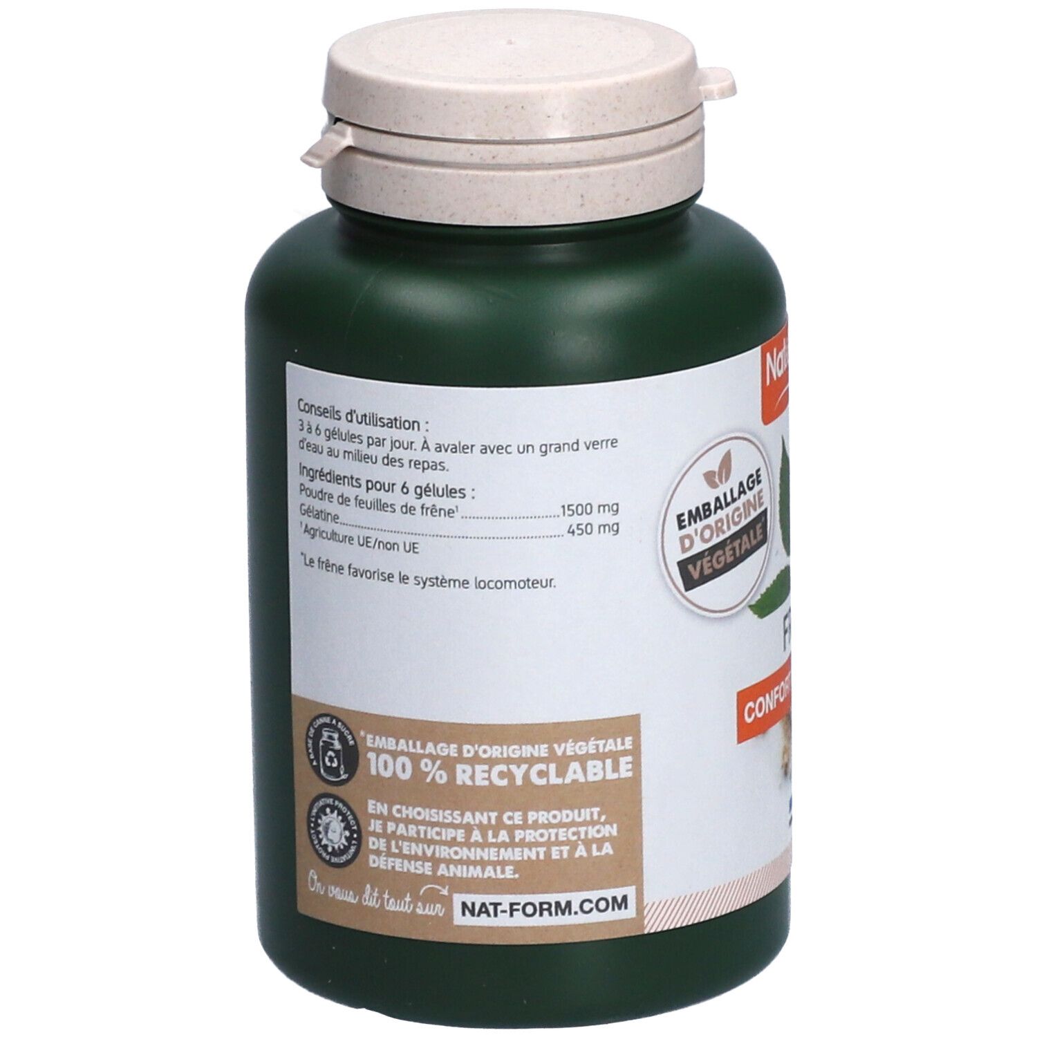 Dos du flacon vert. Contient des informations sur l'utilisation et les ingrédients. Label: Emballage d'origine végétale, 100% Recyclable.