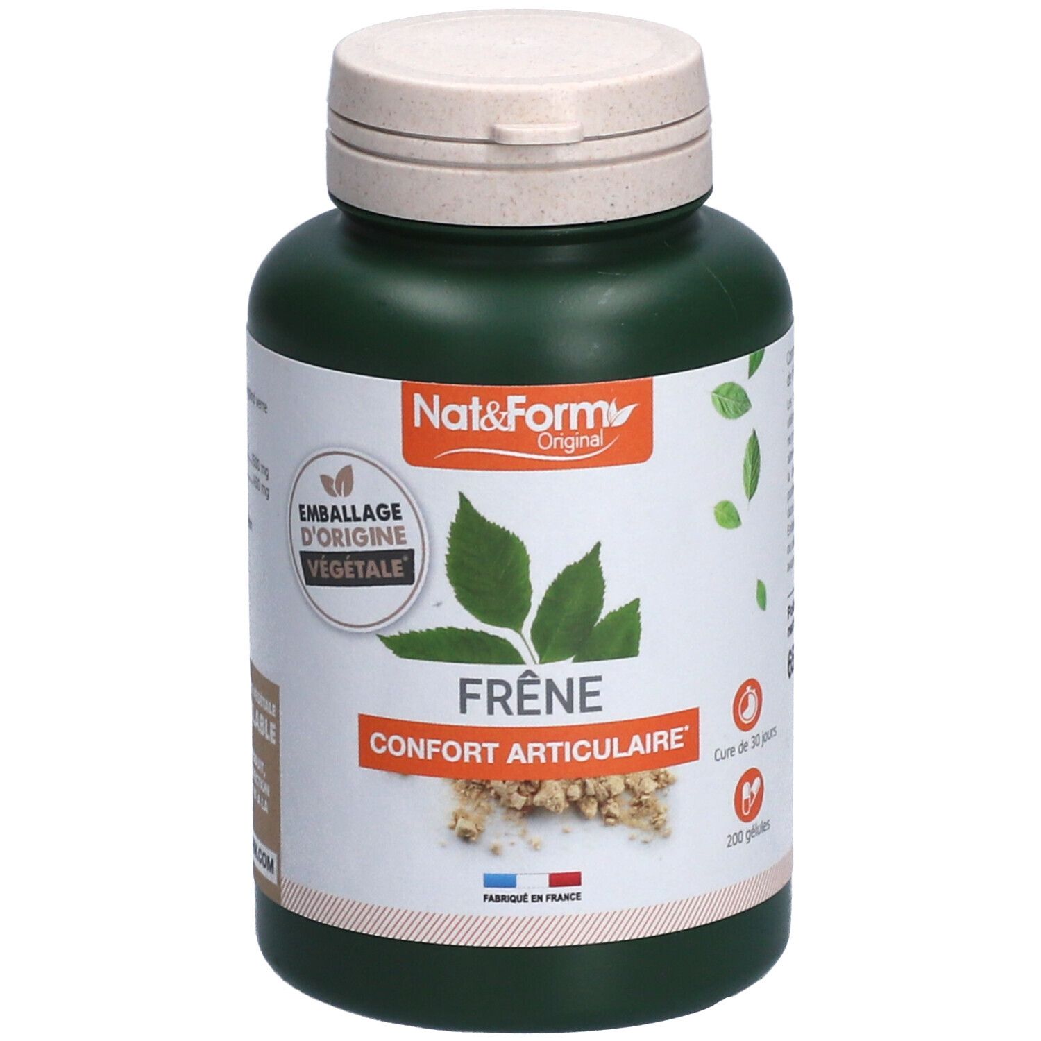 Flacon vert avec bouchon blanc. Inscription: FRÊNE, Confort Articulaire. Label: Nat&Form Original. 200 gélules, 65g.