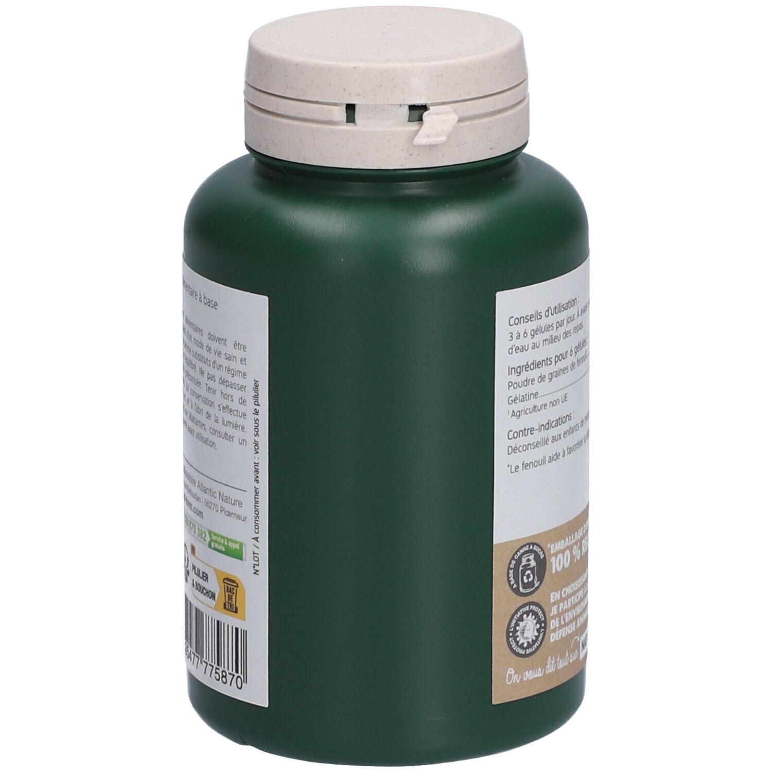 Vue latérale du flacon vert avec bouchon blanc. Texte: ingrédients, conseils d'utilisation, contre-indications. Logo: 100% recyclable.