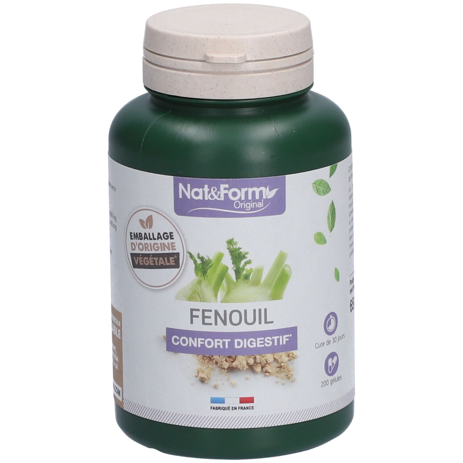 Flacon vert avec bouchon blanc. Inscription FENOUIL, CONFORT DIGESTIF. Marque Nat&Form. Contenu: 65g, 200 gélules. Cure de 30 jours.