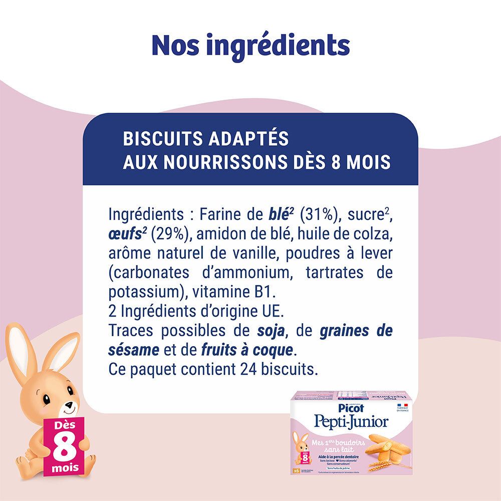 Informations sur les ingrédients des boudoirs Picot Pepti-Junior sans lait, pour nourrissons dès 8 mois.