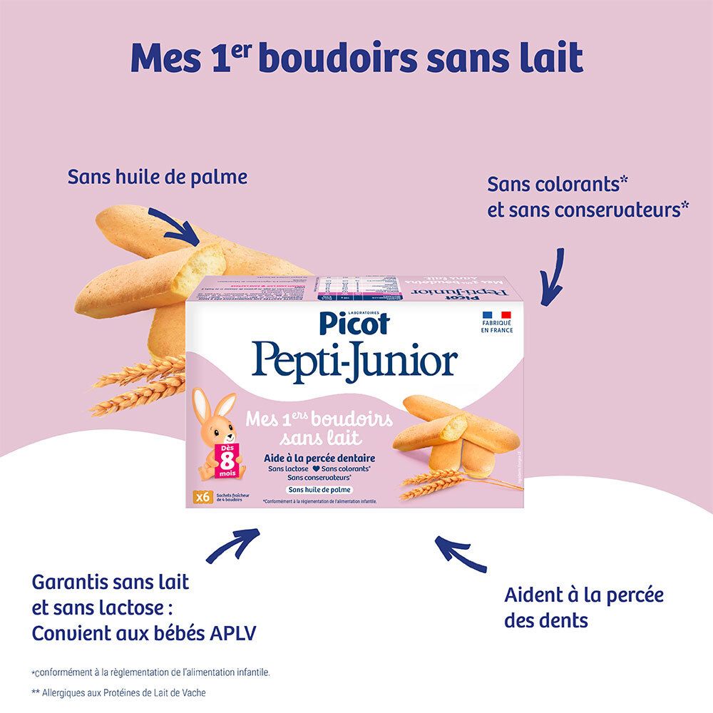 Boudoirs Picot Pepti-Junior sans lait : sans huile de palme, sans colorants, sans conservateurs.