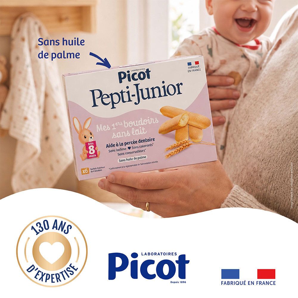 Boîte de boudoirs Picot Pepti-Junior sans lait tenue par une personne, avec logo et labels.