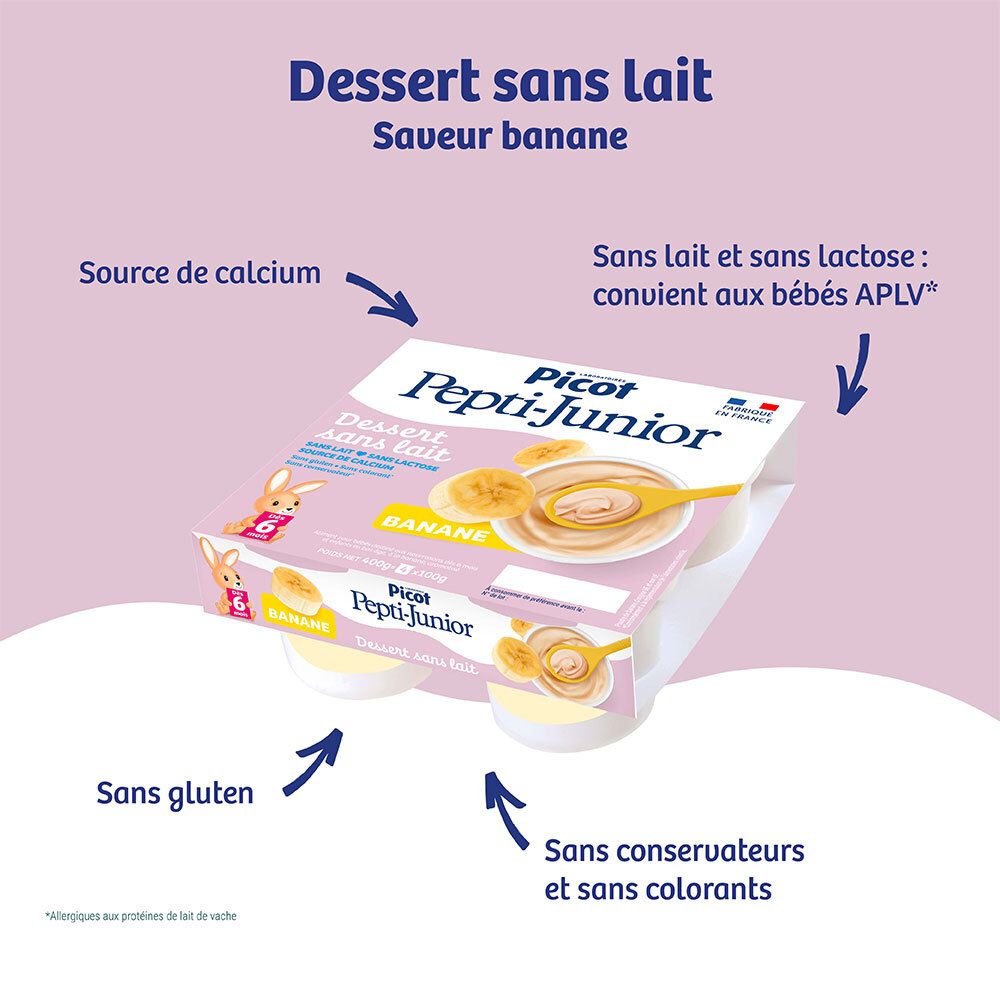 Picot Pepti-Junior Dessert Banane: sans lait, sans lactose, source de calcium, 4x100g pots.