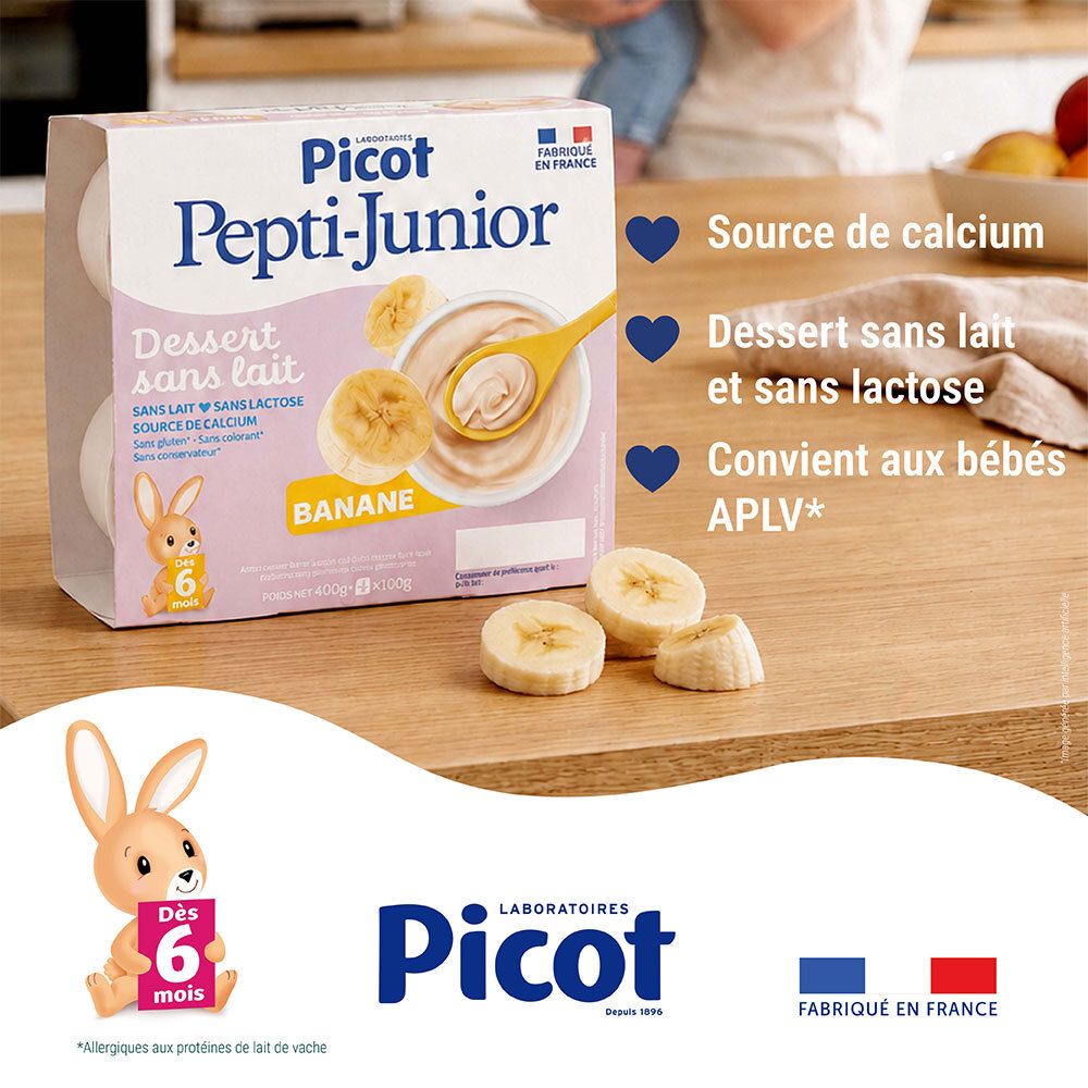 Picot Pepti-Junior Dessert Banane dans une cuisine, 4x100g pots, avec bananes.