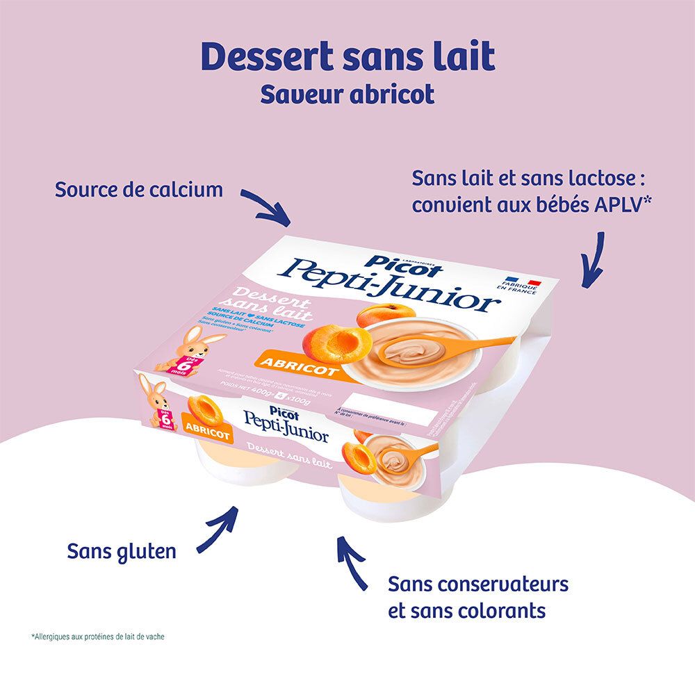 Dessert sans lait Picot Pepti-Junior Abricot: source de calcium, sans lactose.