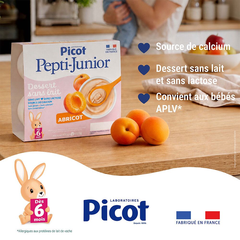 Dessert sans lait Picot Pepti-Junior Abricot dans une cuisine.
