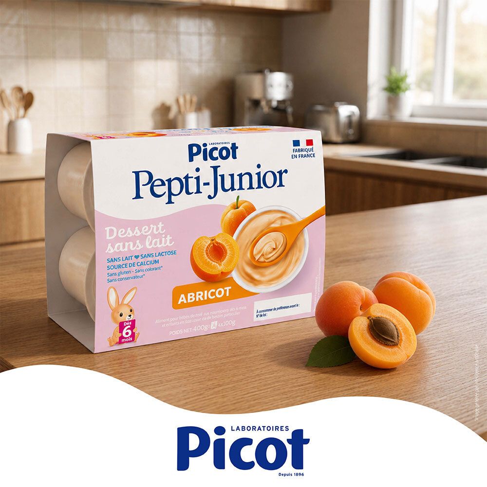 Dessert sans lait Picot Pepti-Junior Abricot dans une cuisine.