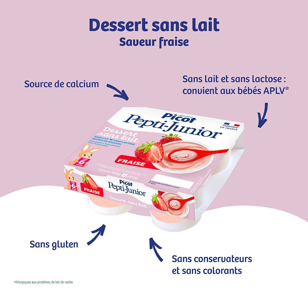 Dessert Picot Pepti-Junior Fraise: sans lait et lactose, pour bébés APLV, source de calcium.