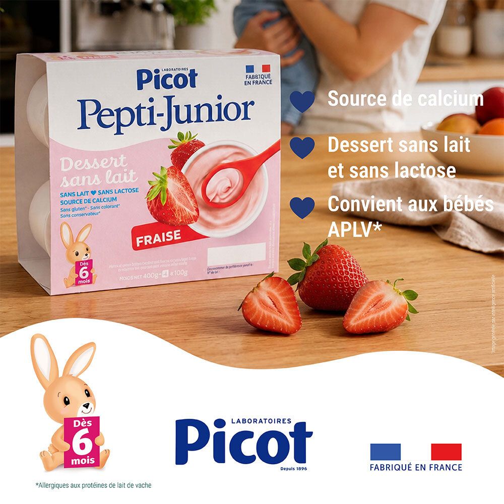 Dessert Picot Pepti-Junior Fraise, 4x100g pots. Fabriqué en France.