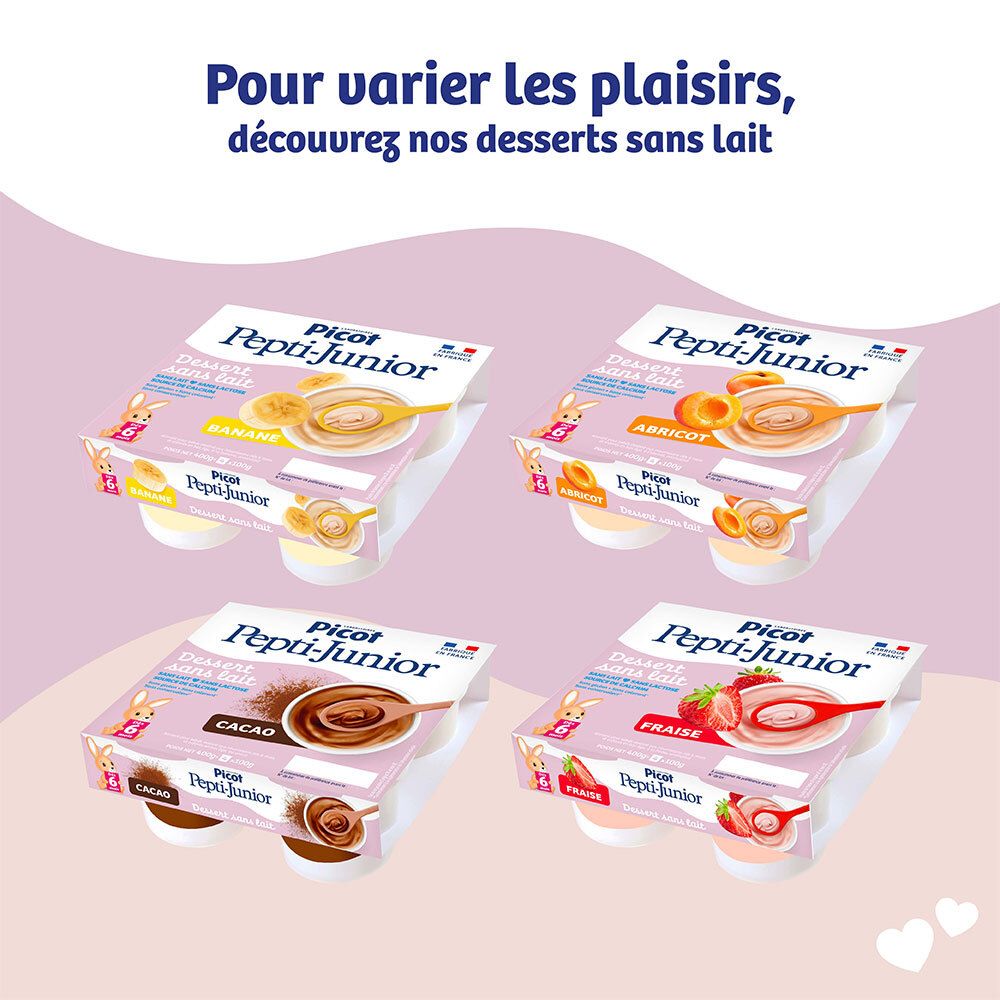 Desserts Picot Pepti-Junior: Fraise, Abricot, Banane, Cacao. Sans lactose.