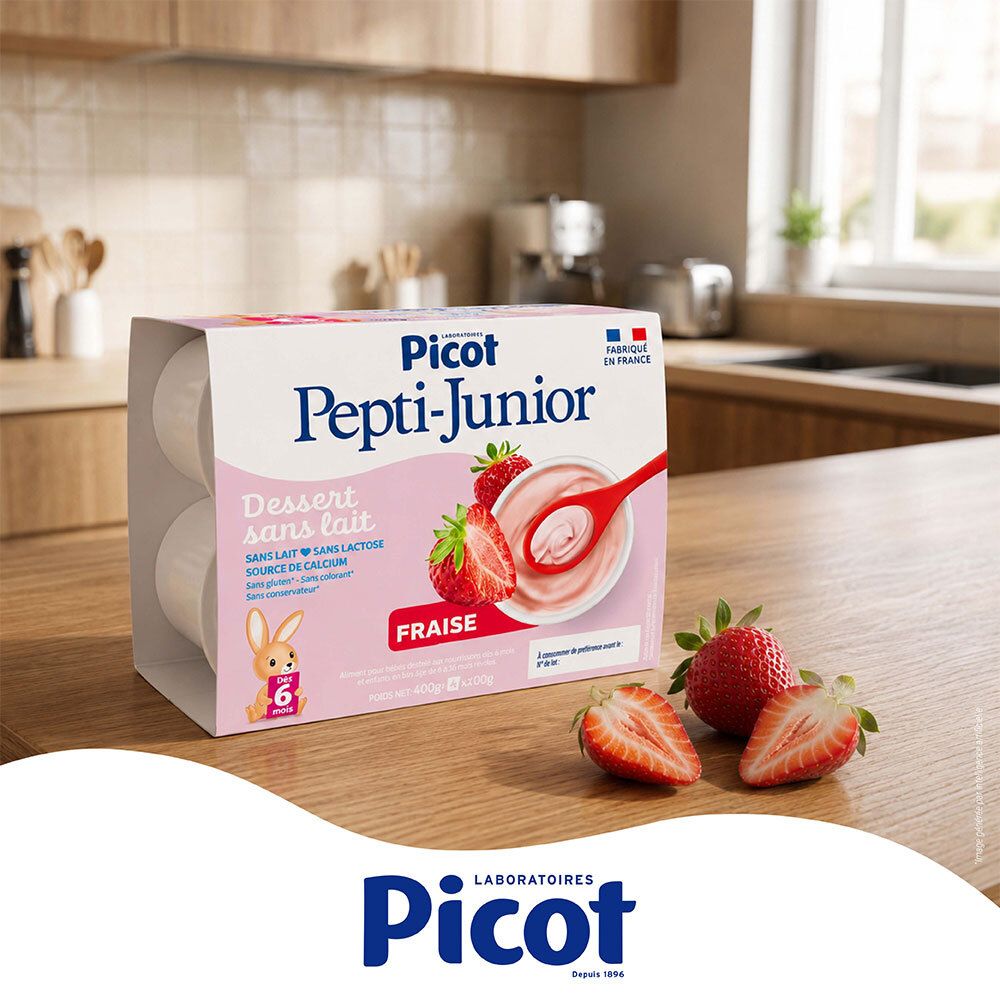 Dessert Picot Pepti-Junior Fraise, 4x100g pots, sur table en bois.