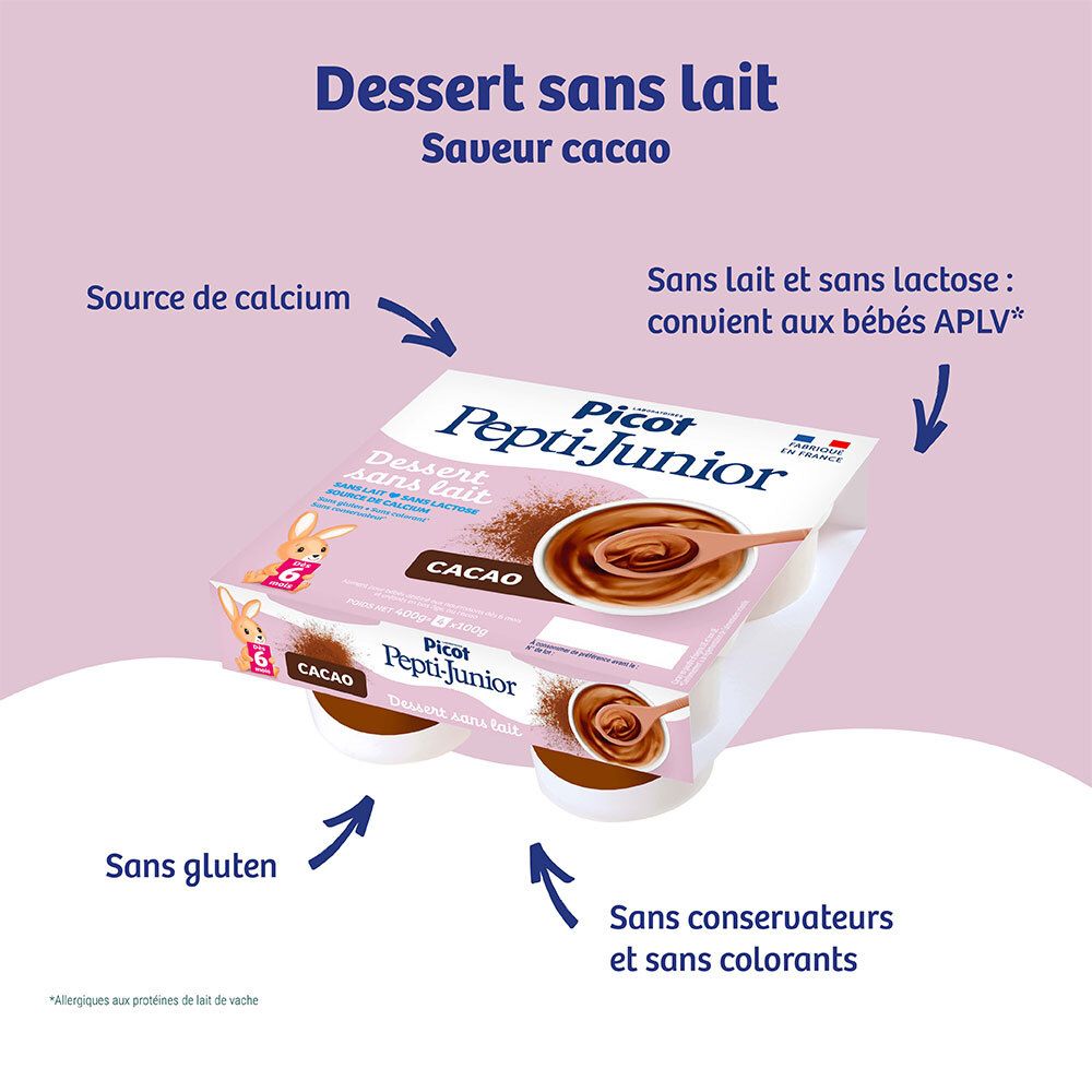 Picot Pepti-Junior dessert cacao: sans lait, source de calcium, sans conservateurs.