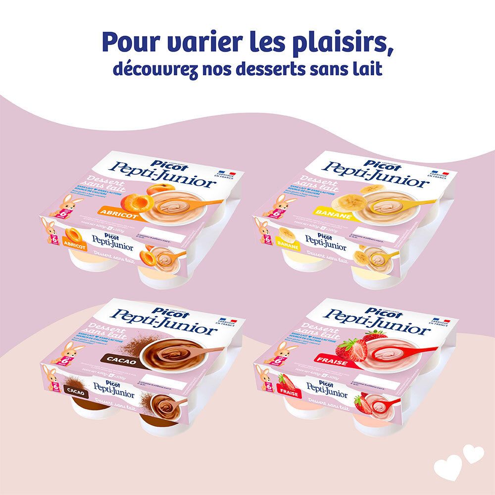 Aperçu de la gamme Picot Pepti-Junior desserts: abricot, banane, cacao, fraise.