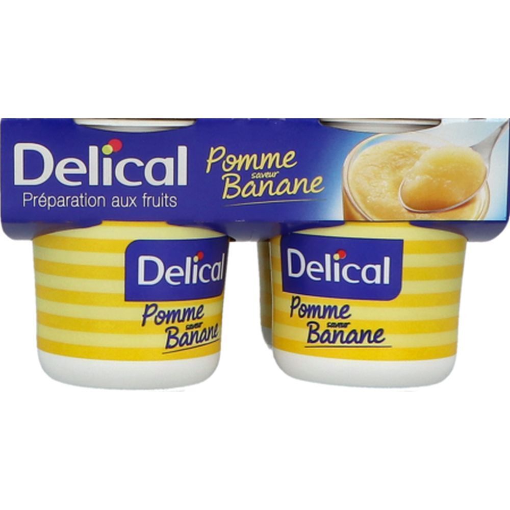Emballage de quatre pots. Inscription Delical, Pomme saveur Banane. Pots rayés jaune et blanc, emballage bleu.